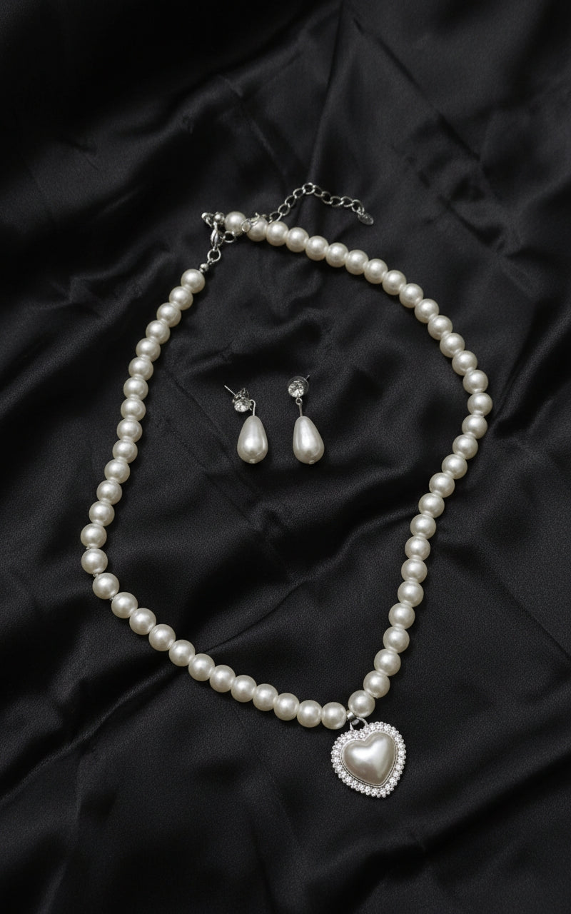 Heart Pearl Necklace and Earrings Jewelry Set